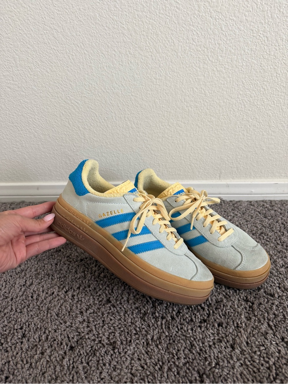 adidas Gazelle Women’s Suede Sneakers — Light Blue, Yellow & Blue Accents